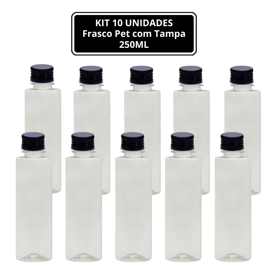 10 UNIDADES - FRASCO PET TRANSPARENTE (250ml) RETO ALTO com TAMPA ALUMINIO PRETA - em Oferta na Shopee