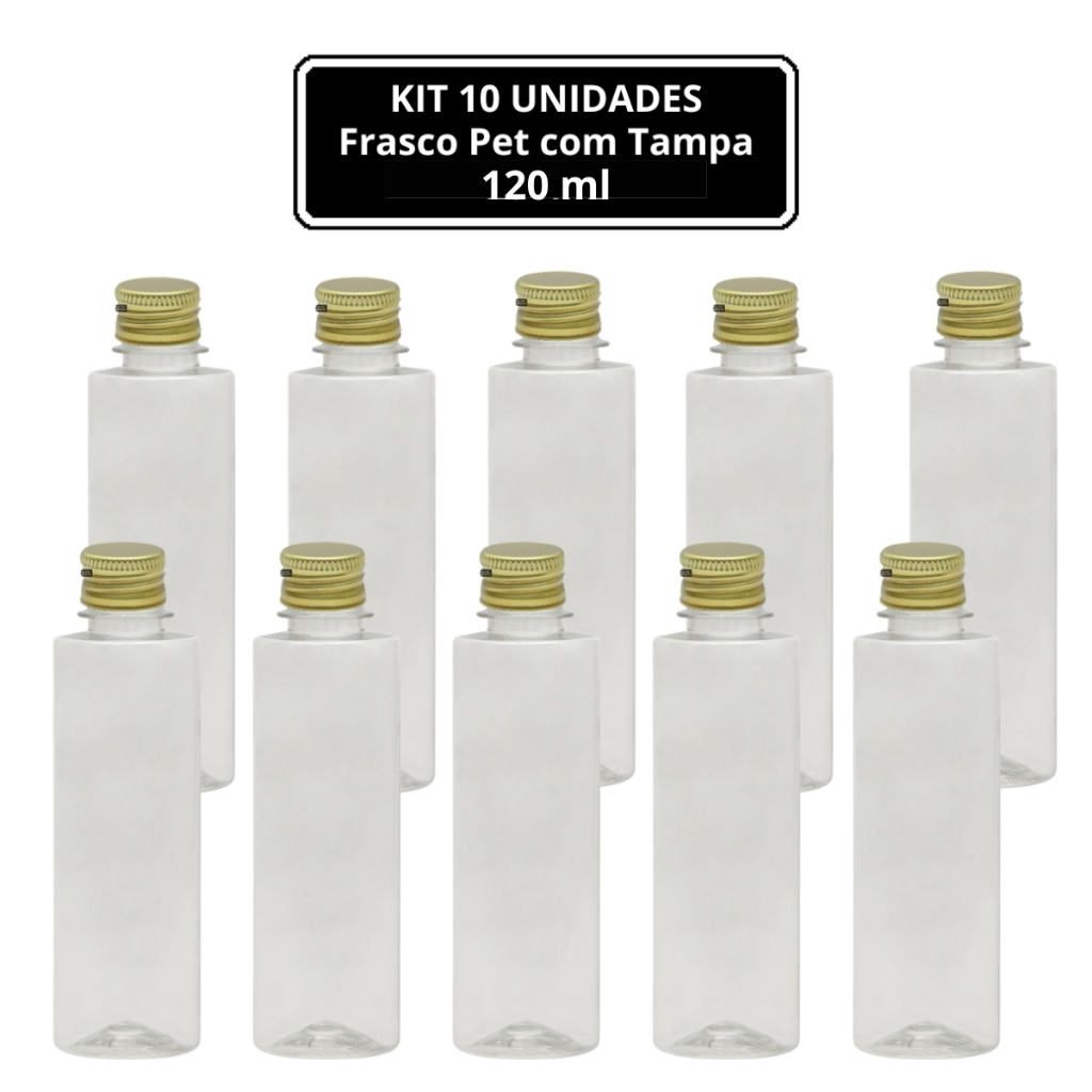 10 UNIDADES - FRASCO PET TRANSPARENTE (120ml) com TAMPA ALUMINIO DOURADA -