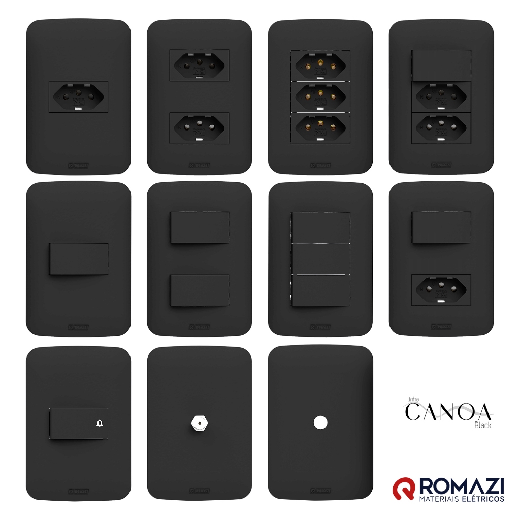 INTERRUPTORES E TOMADAS CANOA BLACK - ROMAZI em Oferta na Shopee