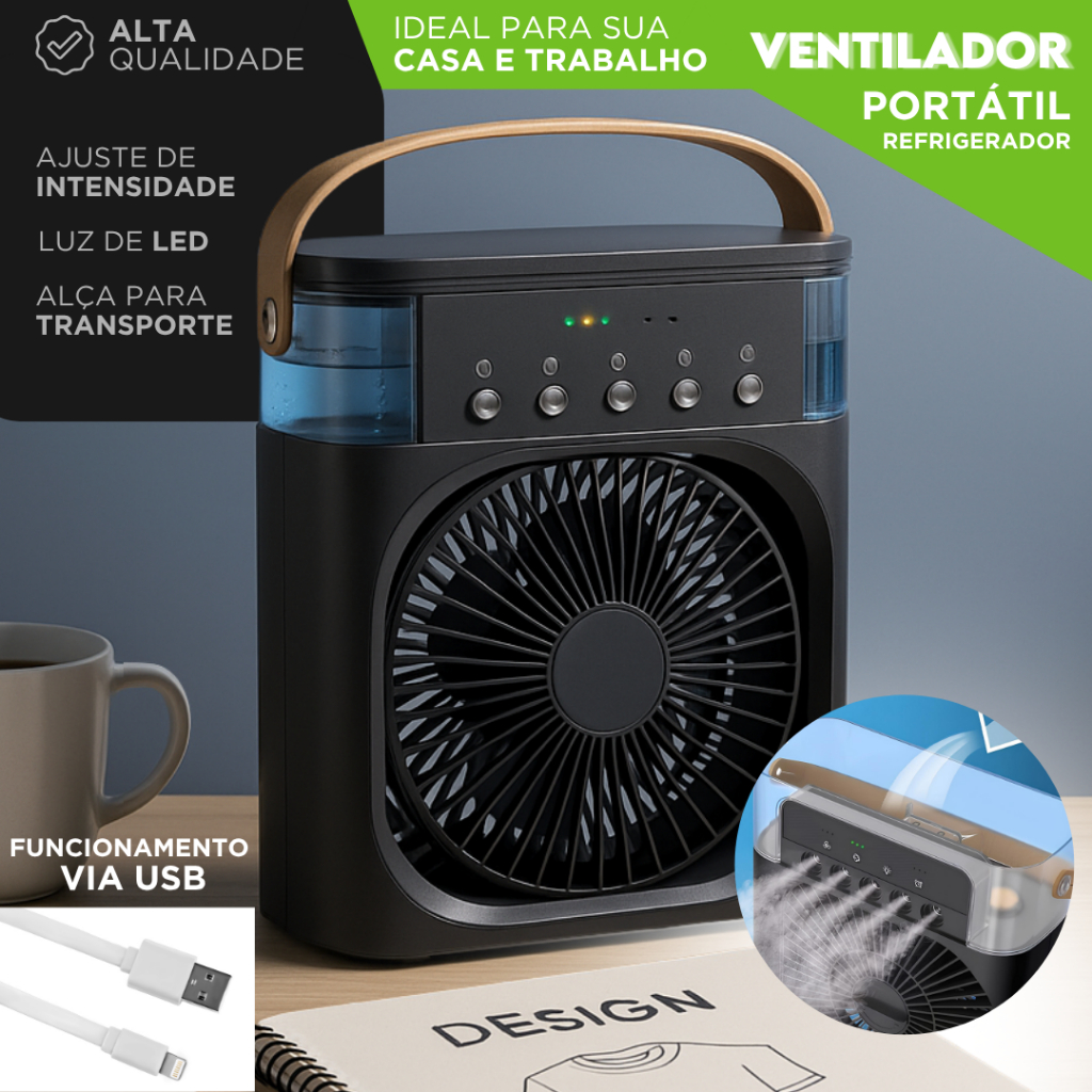 Ventilador USB com LED | Mini Ar Condicionado Portátil com Alça | Para Quarto, Sala e Escritório -AE