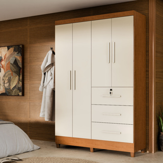 Guarda-Roupa Casal 4 Portas 3 Gavetas com Chave Mumbai MDP Nature/Off White ou Branco em Oferta na Shopee