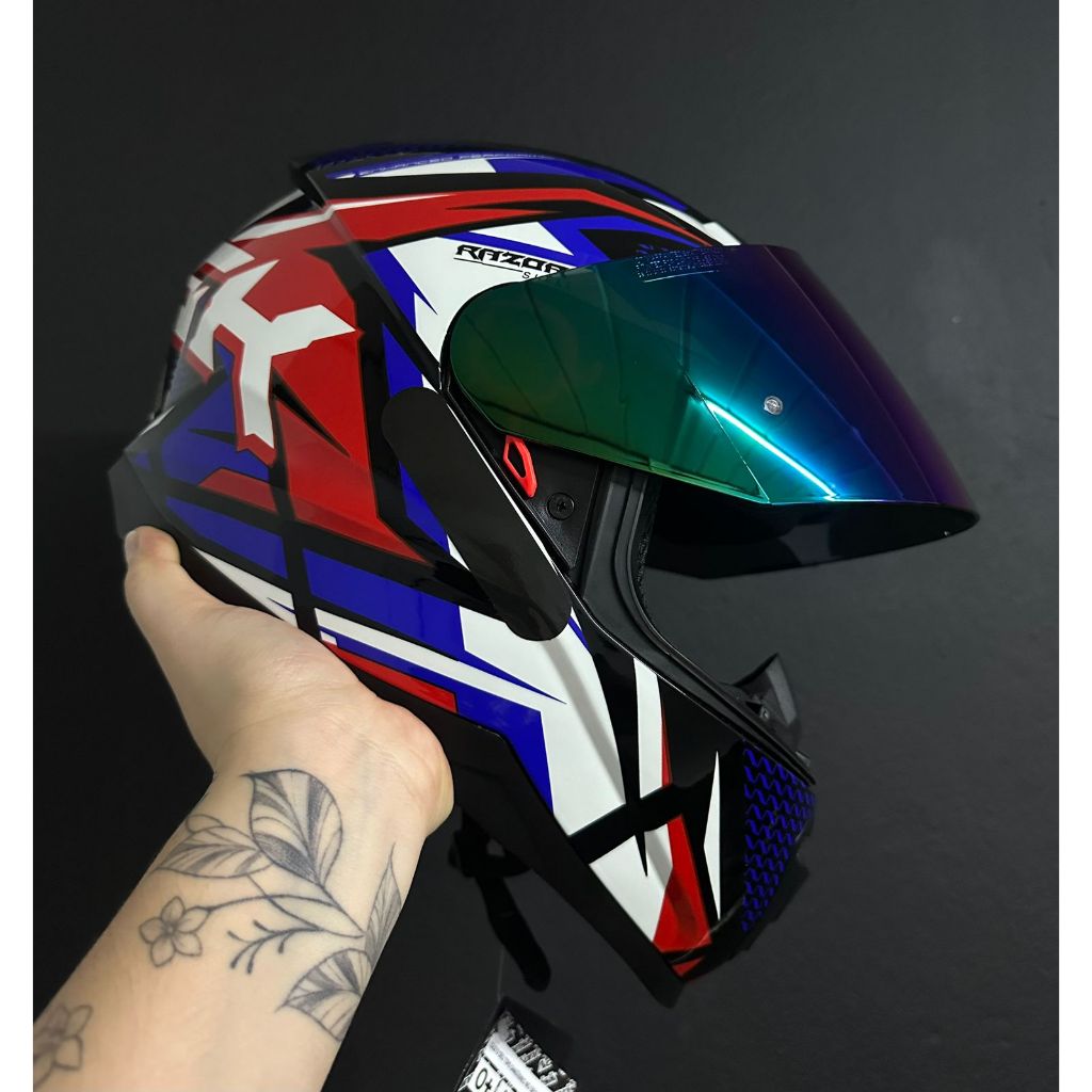 CAPACETE NORISK RAZOR SHARP AZUL VERMELHO MASCULINO FEMININO ESPORTIVO BARATO + VISEIRA + BRINDE + NARIGUEIRA + BAVETE em Oferta na Shopee