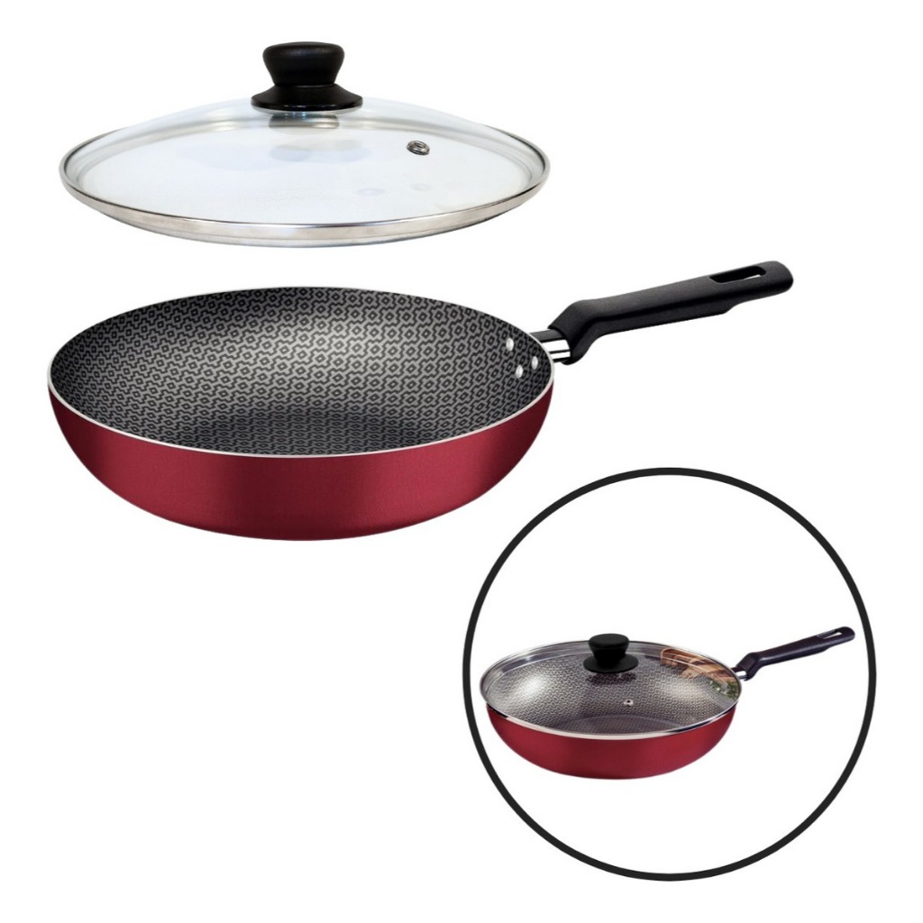 Frigideira Funda Tramontina 28cm com Tampa de Vidro Antiaderente Starflon Grande Vermelha Cozinha