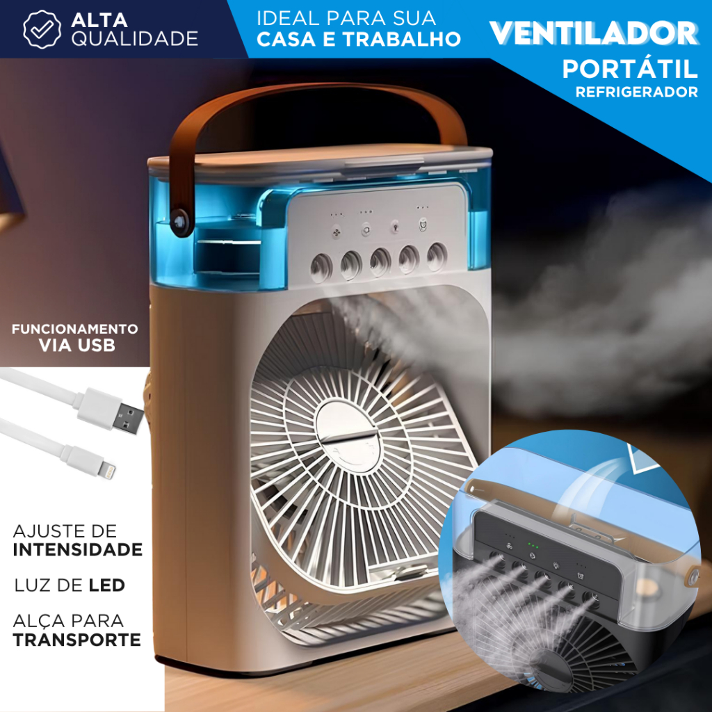 Mini Ar Condicionado com LED – Climatizador, Ventilador e Umidificador Portátil USB | Silencioso -NL