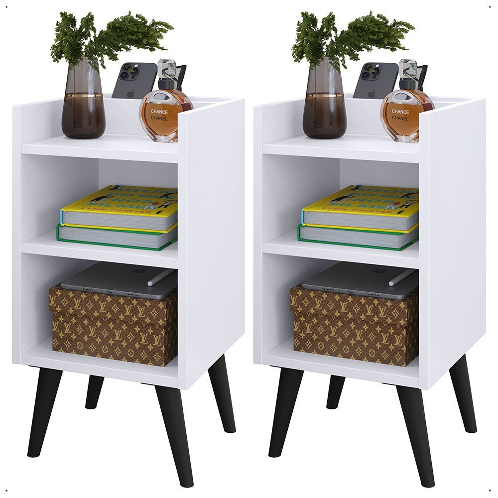 Kit Mesas de Cabeceira Max com Porta Celular Criado Quarto Retro com prateleira Nicho cor Branco