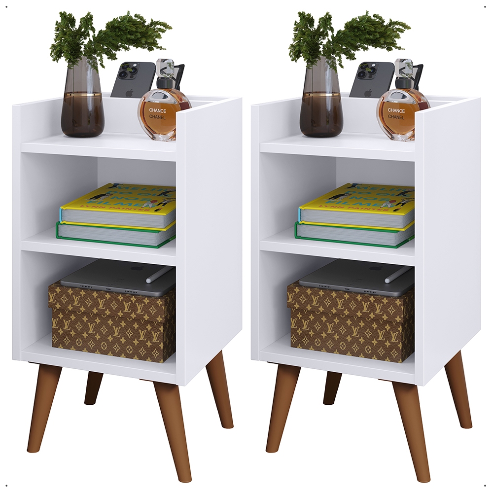 KIT 2 Mesa de Cabeceira Max com Porta Celular Retrô Criado Quarto com Prateleira Nicho Varias Cores