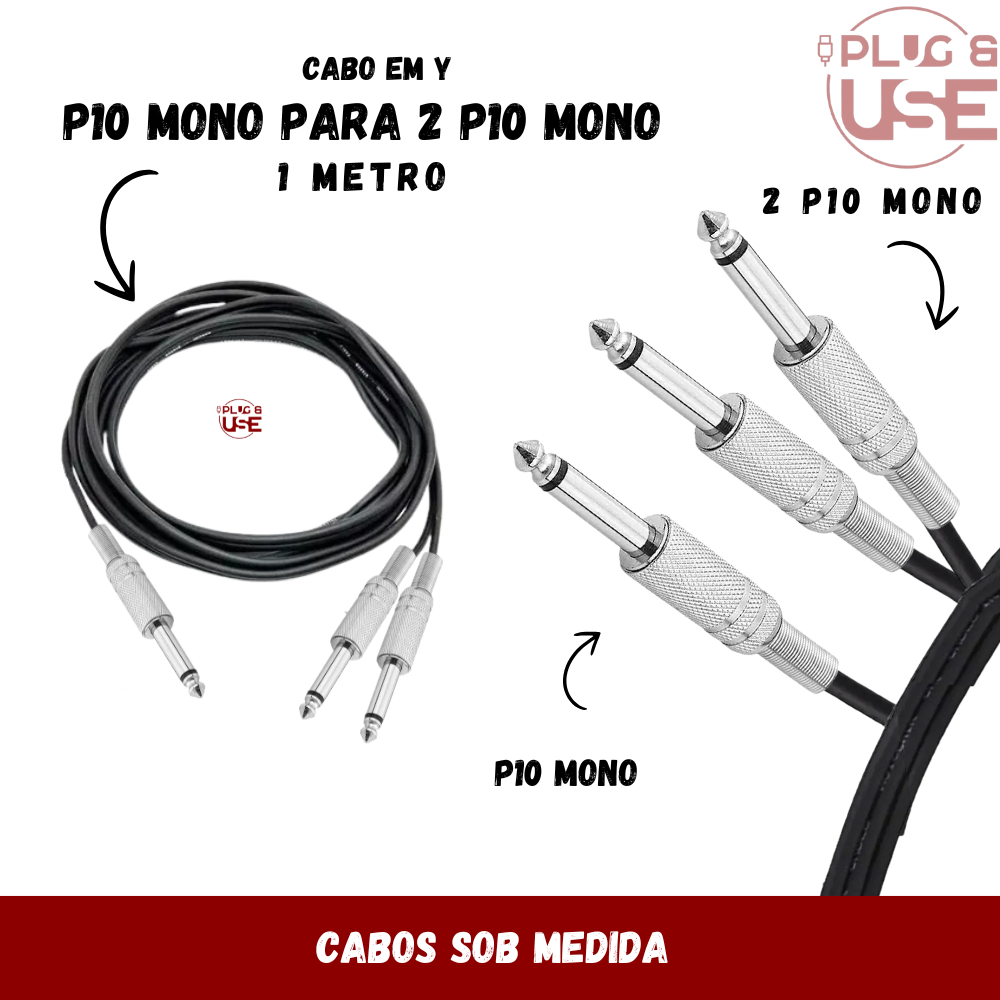 Cabo p10 Splitter Y Mono p/ 2 P10 Mono 1 metro– Divisor de Áudio Alta Qualidade Som Profissional