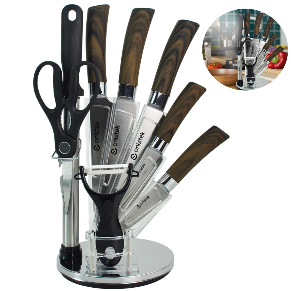 Kit de Facas – 8 Peças, Facas Afiadas, Suporte Giratório, Afiador e Descascador em Oferta na Shopee