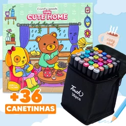 Kit Livro De Colorir Comfy Goods Cute Home Dia Noite + 36 Canetinhas Touch Ponta Dupla Para Colorir
