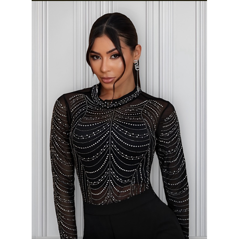 Blusa Body Country Tule pedraria Plissado Manga Longa Marrom Noite