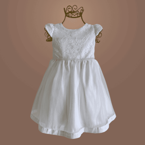 Vestido Bebê Batismo Tule Bordado com Cinto de Pérolas – Vestido Clássico para Batizado, Casamento, Festa e Ano Novo