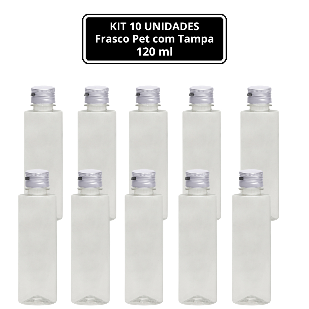 10 UNIDADES - FRASCO PET TRANSPARENTE (120ml) com TAMPA ALUMINIO PRATA - em Oferta na Shopee