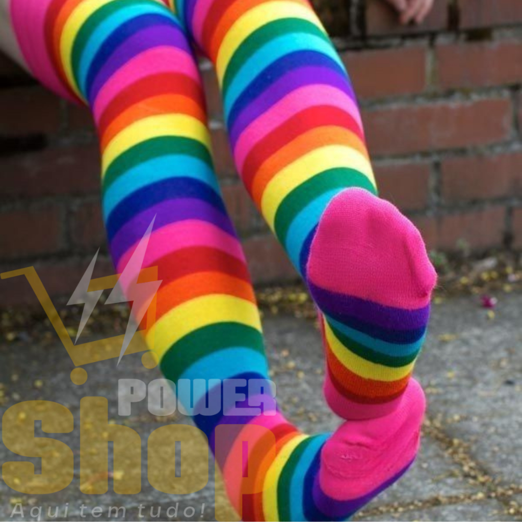 Meia 3/4 Longa Listrada Cano Alto Par de meias Arco Iris Divertida Adulto e Infantil