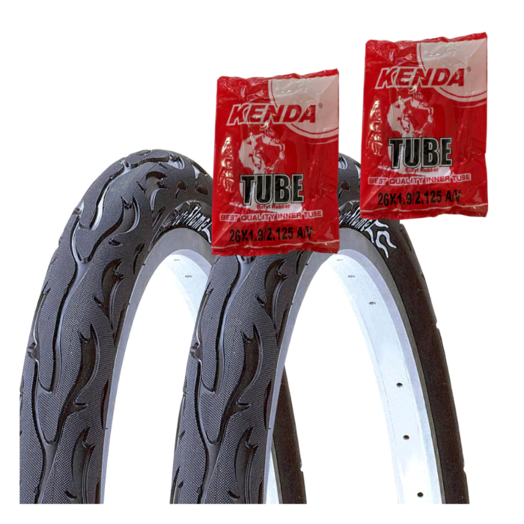 Par Pneu Kenda Flame Balão Aro 26 x 2.125 Com 2 Câmaras Ar Kenda Aro 26 B Foguinho