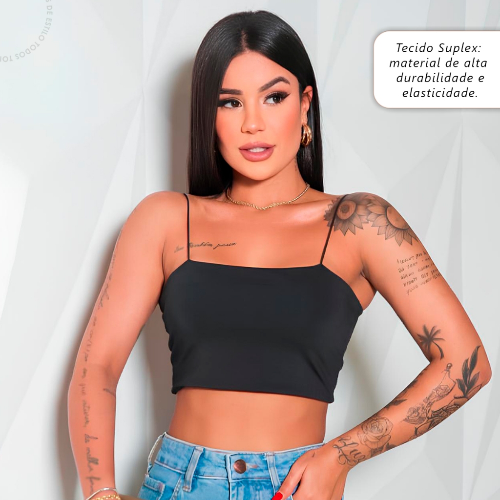 Kit 4 Cropped Top Faixa Alças Finas Forro Duplo Suplex Premium Confortável