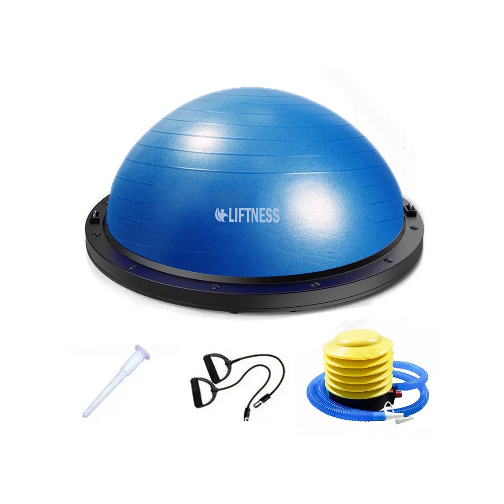 MEIA BOLA GINÁSTICA SUÍÇA COM BOMBA ALÇAS PILATES BOLA BOSSU 58CM AZUL em Oferta na Shopee