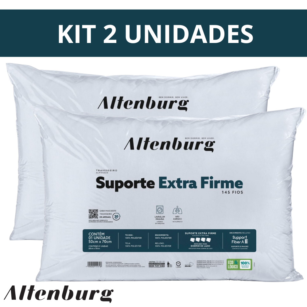 Kit 2 Travesseiros Altenburg Suporte Extra Firme Antialérgico Alto Lavável em Máquina 50 x 70cm - Home & Living