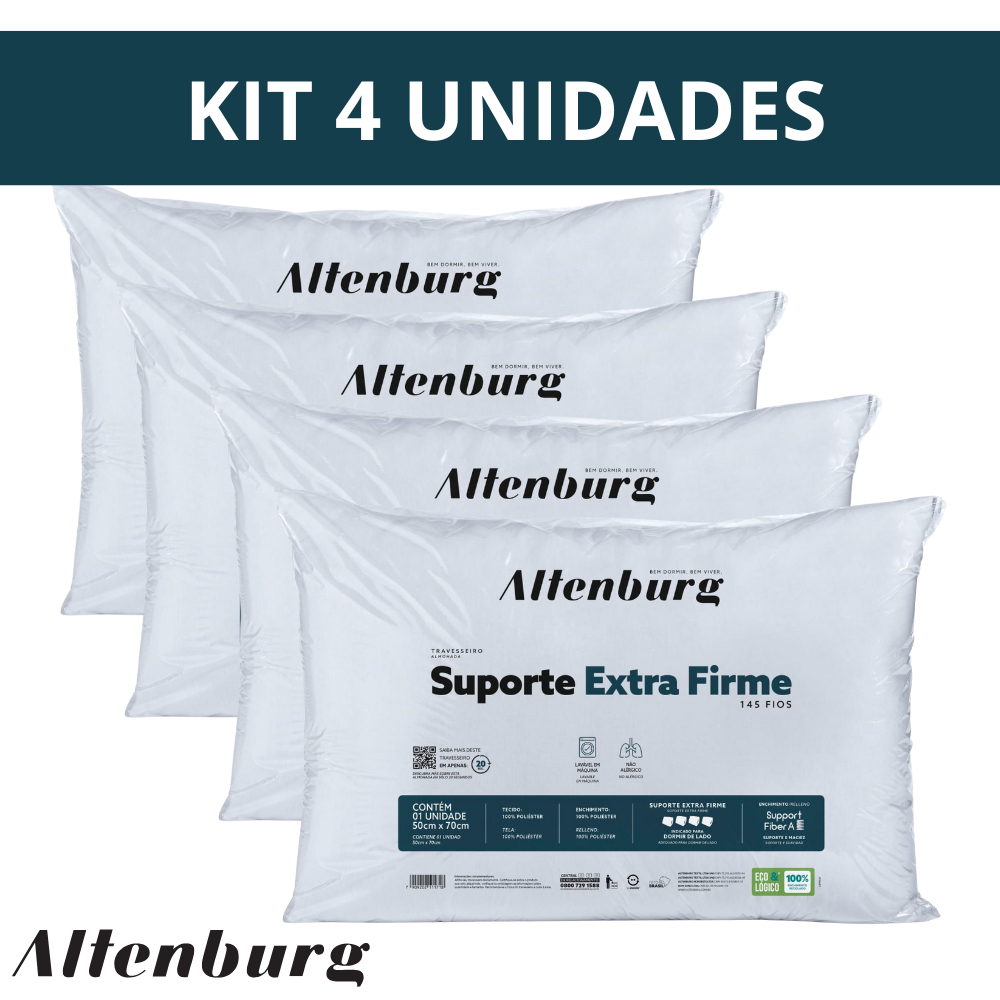 Kit 4 Travesseiros Altenburg Suporte Extra Firme Antialérgico Alto Lavável em Máquina 50 x 70cm - Home & Living