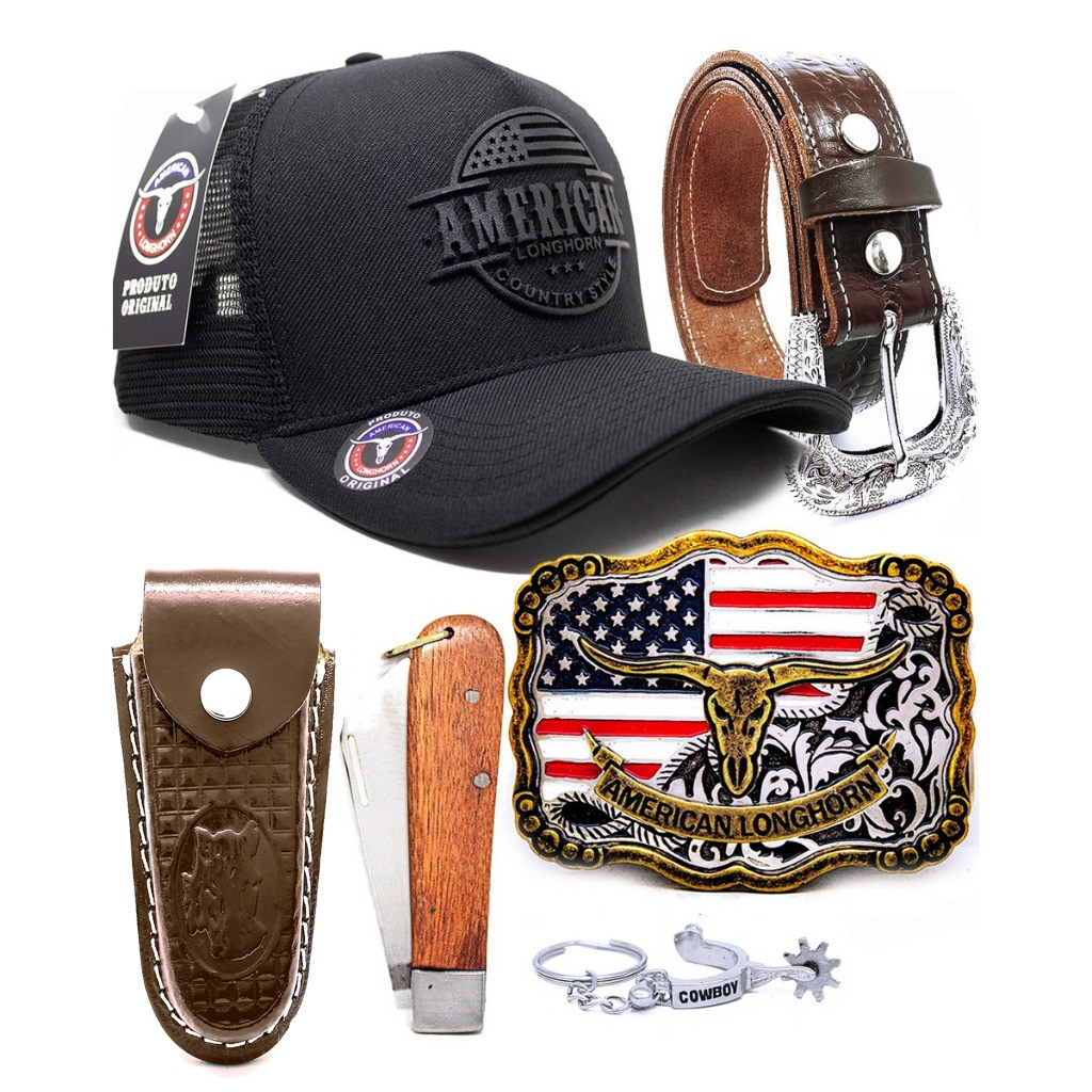 Kit American Boné Adulto Cinto Couro Fivela Luxo Bainha C/ Canivete Chaveiro