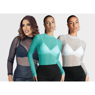 Kit 3 Blusas De Tule Segunda Pele Transparente Manga Comprida Tshirt Blusa de Tule Feminina com Gola Alta em Oferta na Shopee