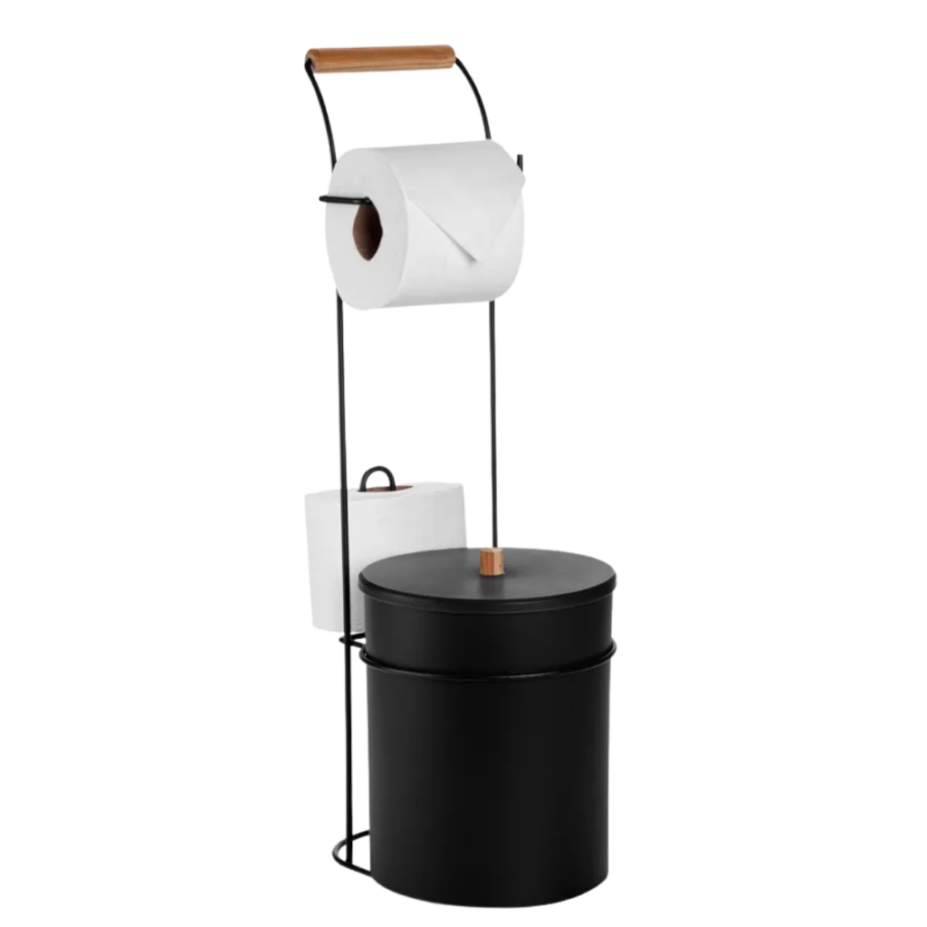 Suporte Papel Higiênico Chão 3 Rolos Lixeira Aramado Preto Banheiro Eco Design Preto Arthi em Oferta na Shopee
