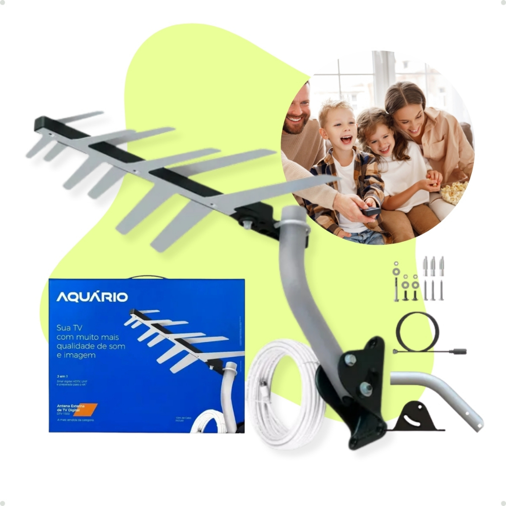 Antena De Tv Externa UHD HDTV 4k Aquario DTV-1500 Cabo + 10 Metros Kit Instalação