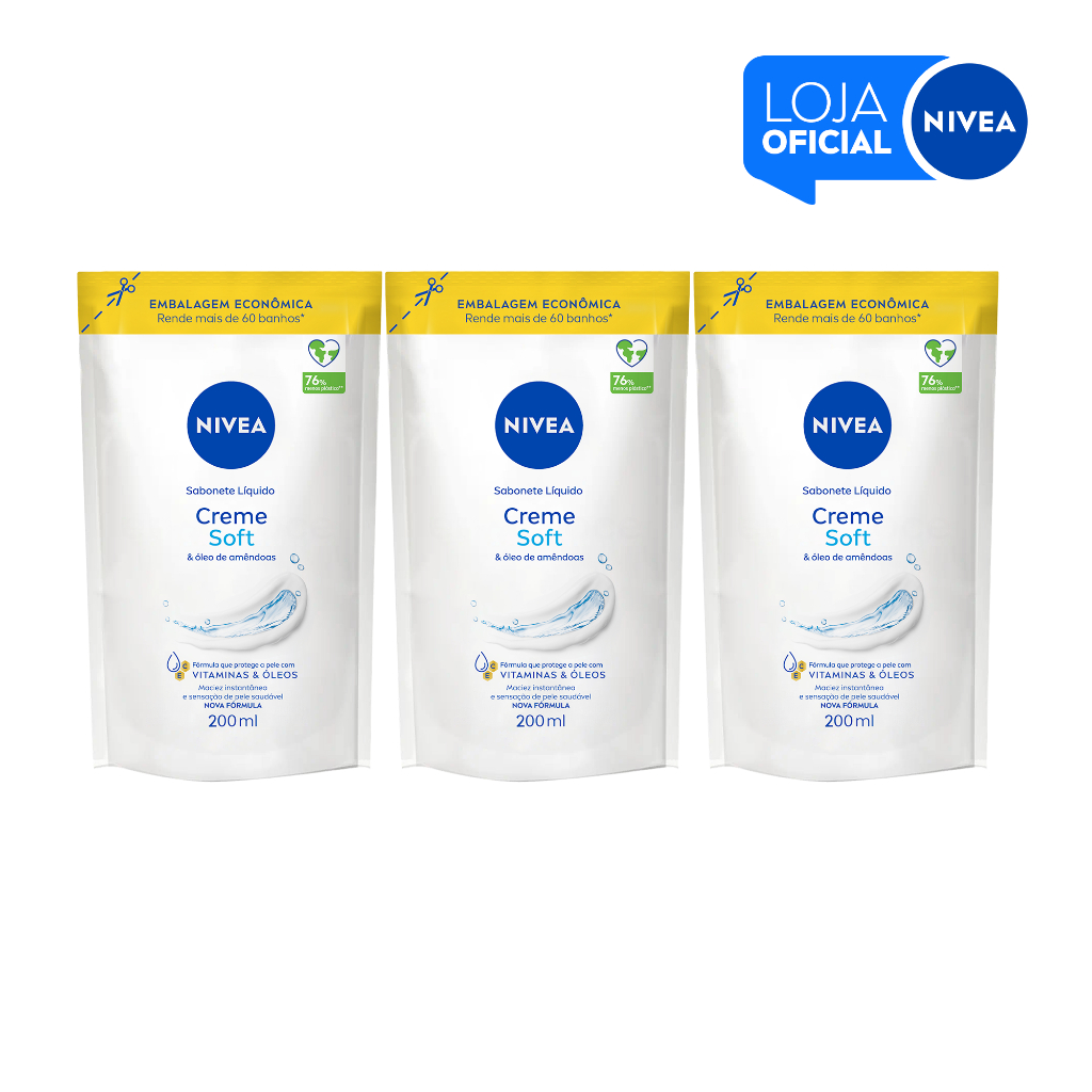 KIT NIVEA Sabonete Líquido Refil Creme Soft 200ml - 3 Unidades