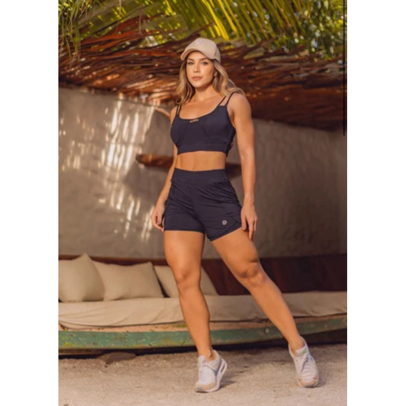 Conjunto Fitness Feminino Shorts Duplo e Top Poliamida Rota D’agua