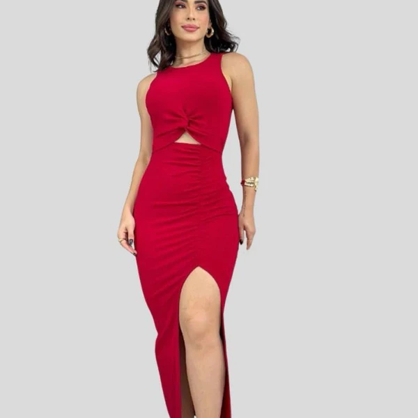 Vestido midi canelado com bojo efeito nó fenda lateral ANA RUGA