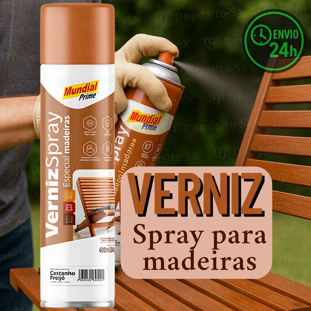 Verniz Spray para Madeira Mundial Prime 400ml  Acabamento Brilhante, Proteção UV, Secagem Rápida