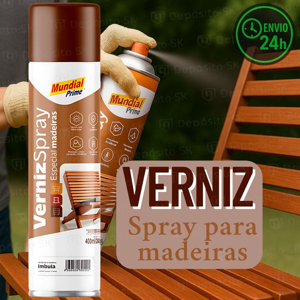 Verniz Spray para Madeira Mundial Prime 400ml  Acabamento Brilhante, Proteção UV, Secagem Rápida