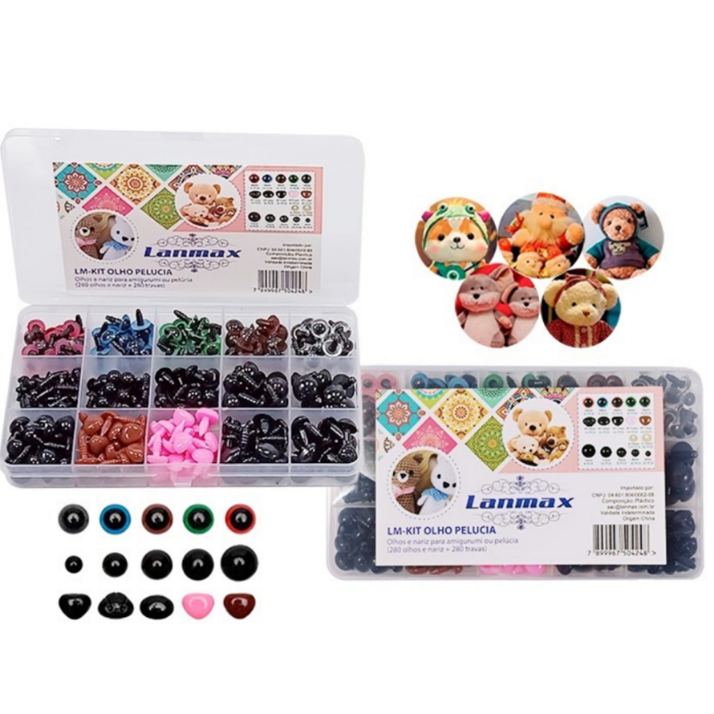 Kit com 560 Peças Olhos e Focinho com Trava para Amigurumi + Caixa Organizadora