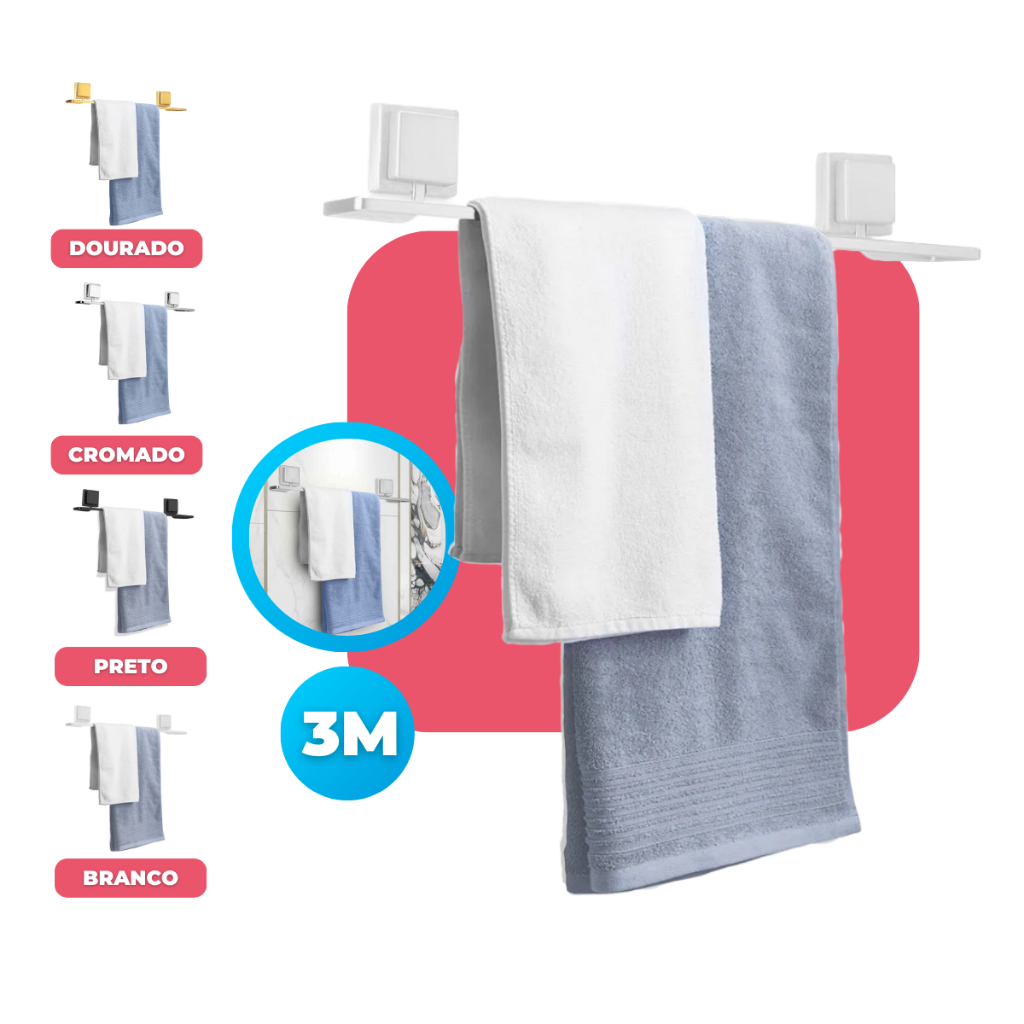 Suporte Porta Toalha de Banho Banheiro Resistente Fixação Dupla Face 3M Sem Furo Cromo Fosco Arthi