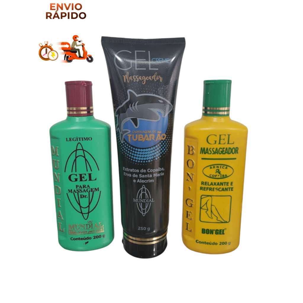 KIT GEL MASSAGEADOR CARTILAGEM TUBARÃO/GEL MUNDIAL Dr./GEL BON'GEL ARNICA & COPAÍBA/KIT COM 03UND