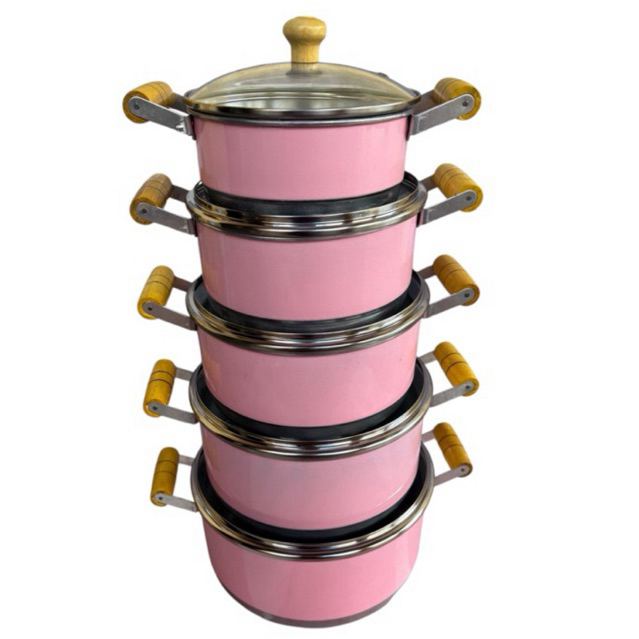 Imagem Jogo De Panela Caçarola Aluminio Leve Reforçado Com Tampa Rosa Bebê 14 a 22cm Premium