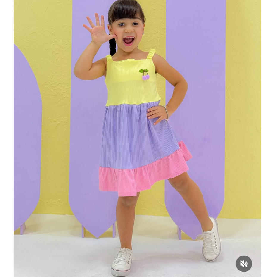 Vestido Infantil  Multicolorido Canelado  Detalhe de Cereja