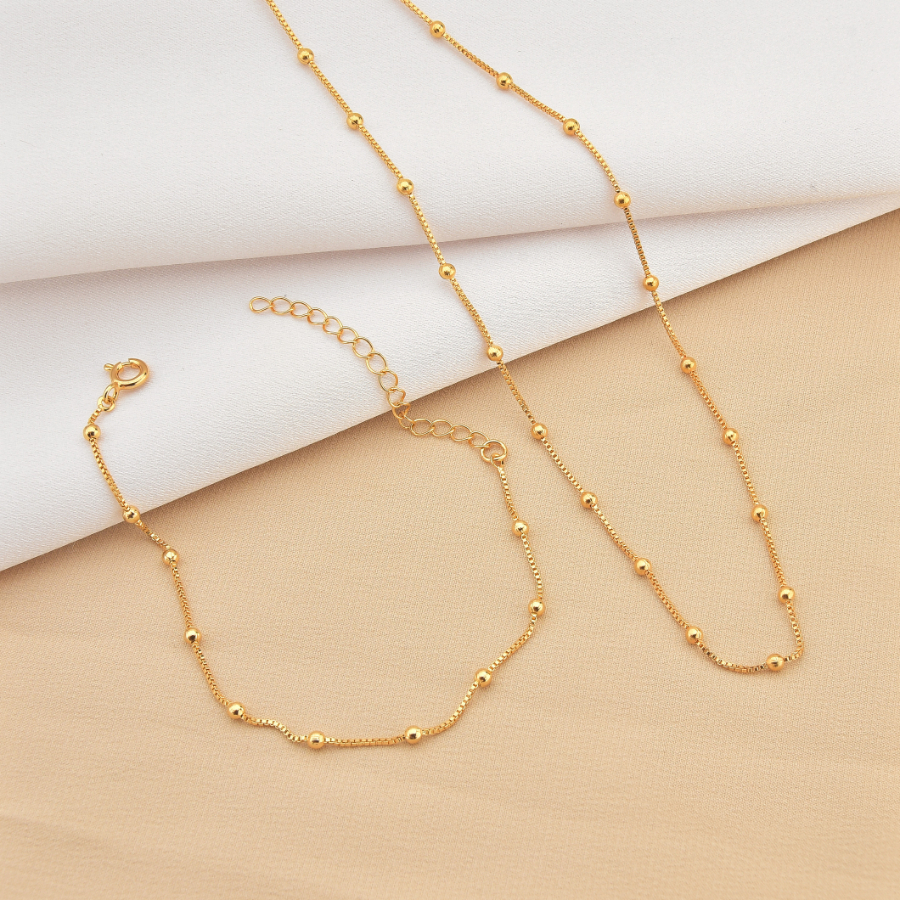 Kit Colar e Pulseira Feminino de Bolinhas Folheado de Ouro 18k Semijoia Com Caixinha Presente