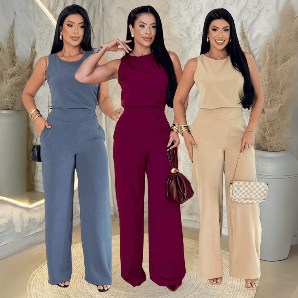 Conjunto Feminino Elegante Calça Pantalona e Blusa Feminina Tendência Moda Social