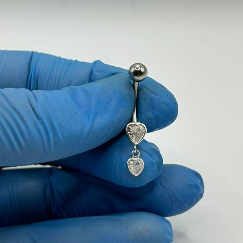 Piercing De Umbigo em Prata925 de Coração com Pingente de Coração e Pedras de zircônia Prata De Lei