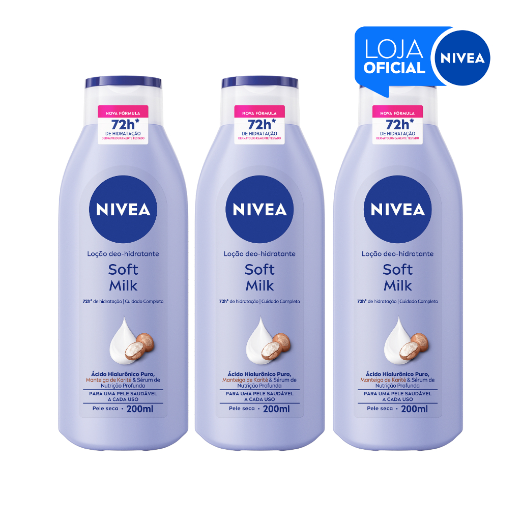 KIT NIVEA Loção Hidratante Soft Milk Hidratação Profunda 200ml - 3 Unidades
