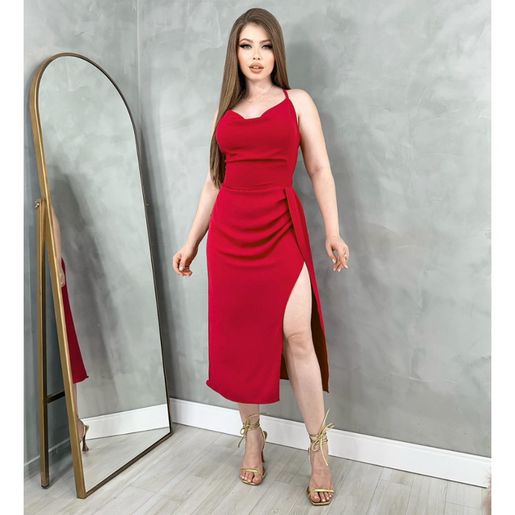 Vestido Midi Feminino Duna Fenda Lateral, Costas Aberta Elegante Festa e Sensual em Oferta na Shopee