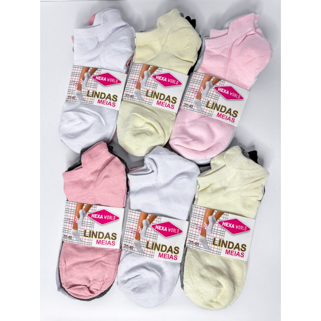 12 - 6 ou 3 Pares meia soquete invisivel colorida feminina em Oferta na Shopee