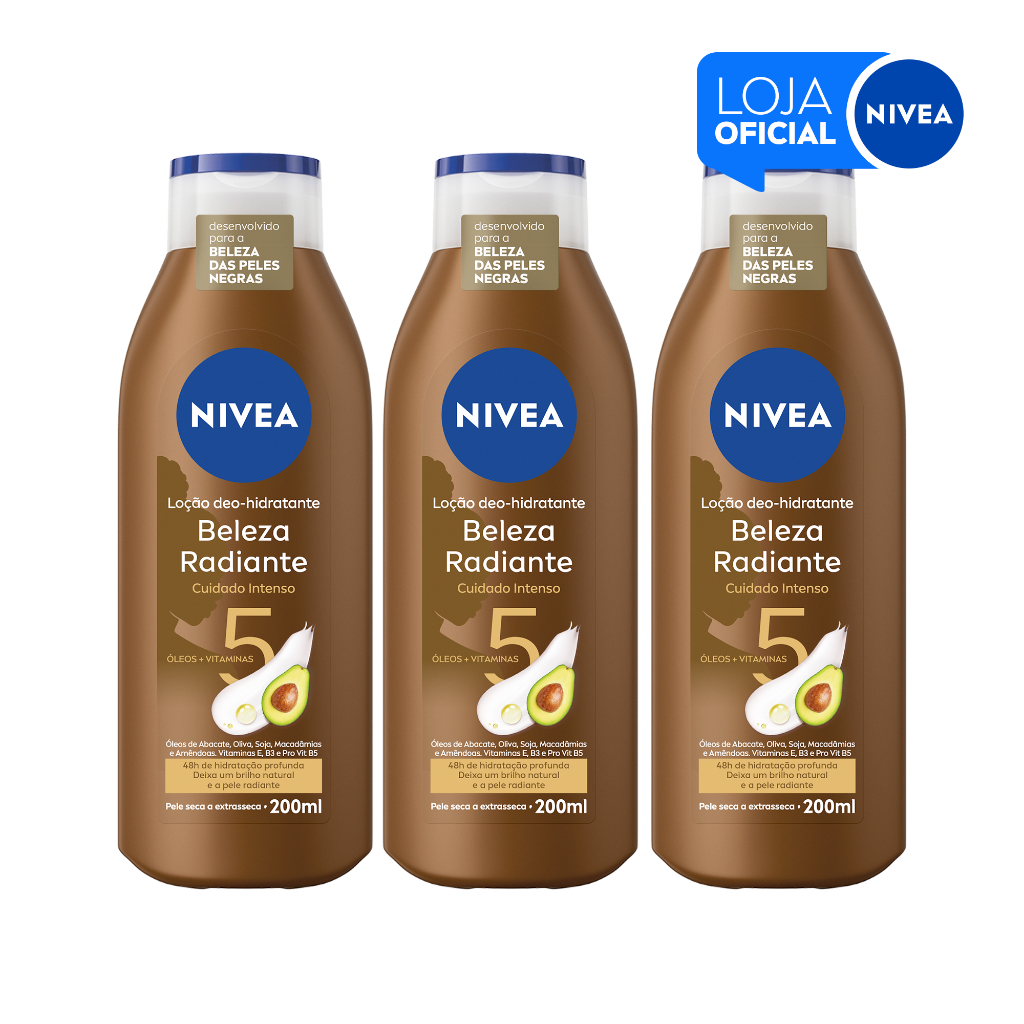 Kit NIVEA Hidratante Desodorante Corporal Beleza Radiante Cuidado Intenso 200ml - 3 unidad...