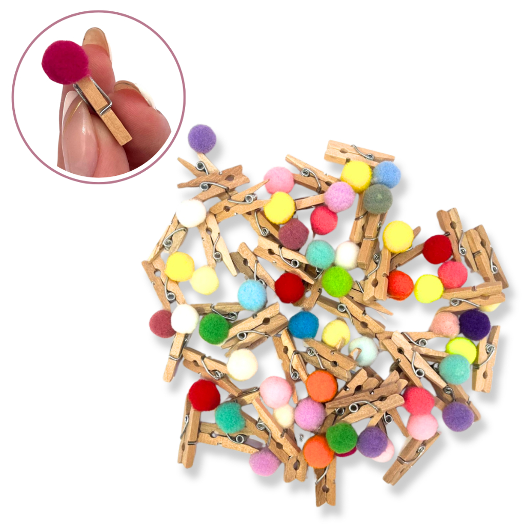 Mini pregador prendedor madeira 2,5 cm com Pompom colorido 50 unidades lembrancinha fotos
