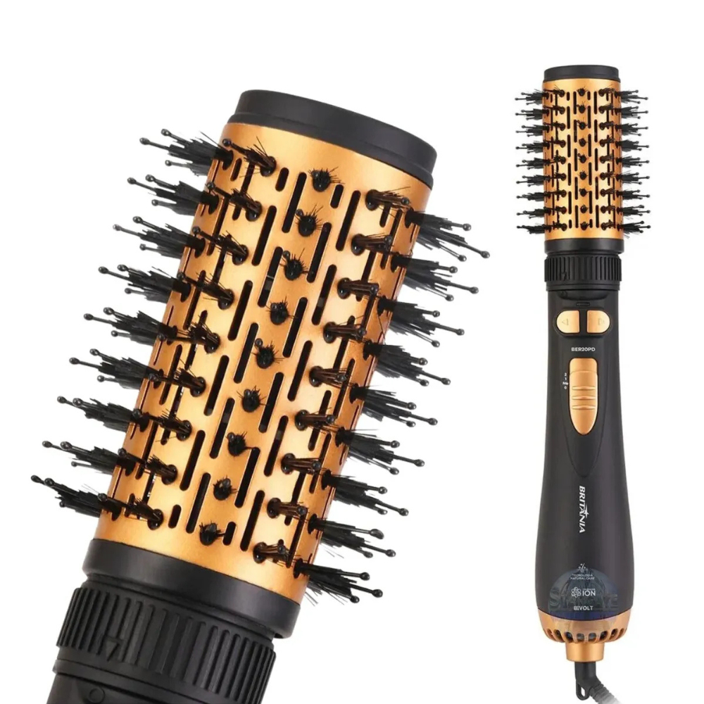 Escova Rotativa Modeladora Secadora Cabelo Bivolt Britânia 3 Temperaturas Preta Dourada Prática BER20PD