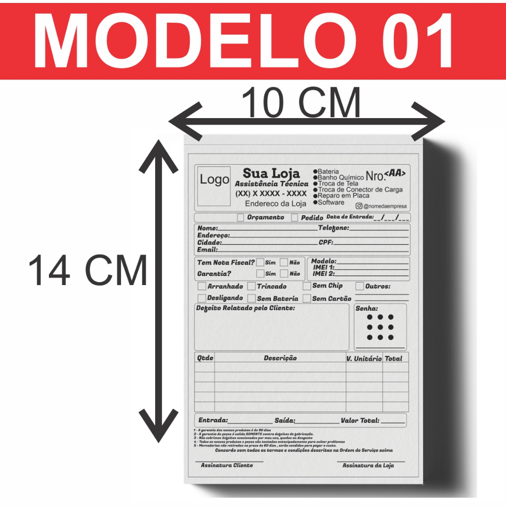 Kit com 4 un - Bloco Ordem de Serviço A6 2 Vias Impressão Pb Assistência Técnica Celular 50 Folhas