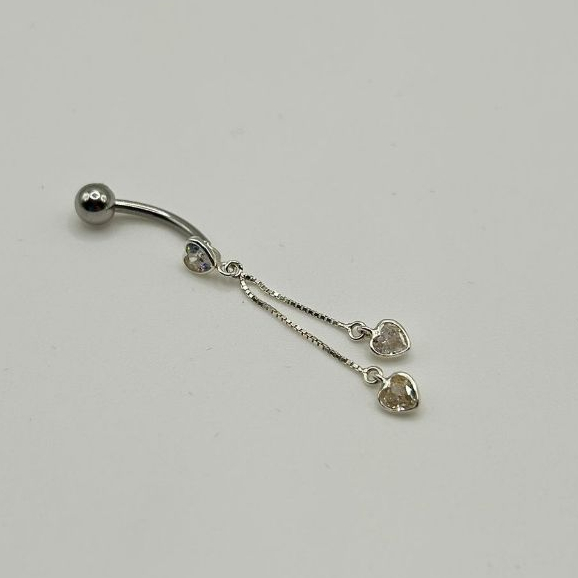 Piercing de Umbigo em Prata925 De Coração com Correntes e Pingentes de Coração Pedras de Zircônia