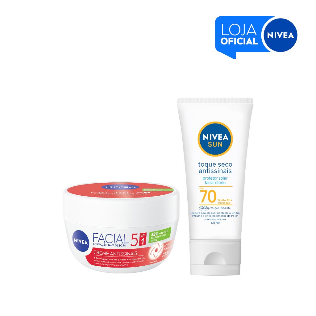 KIT NIVEA SUN Protetor Solar Facial Antissinais Fps70 40ml + Creme Facial Antissinais 100g
