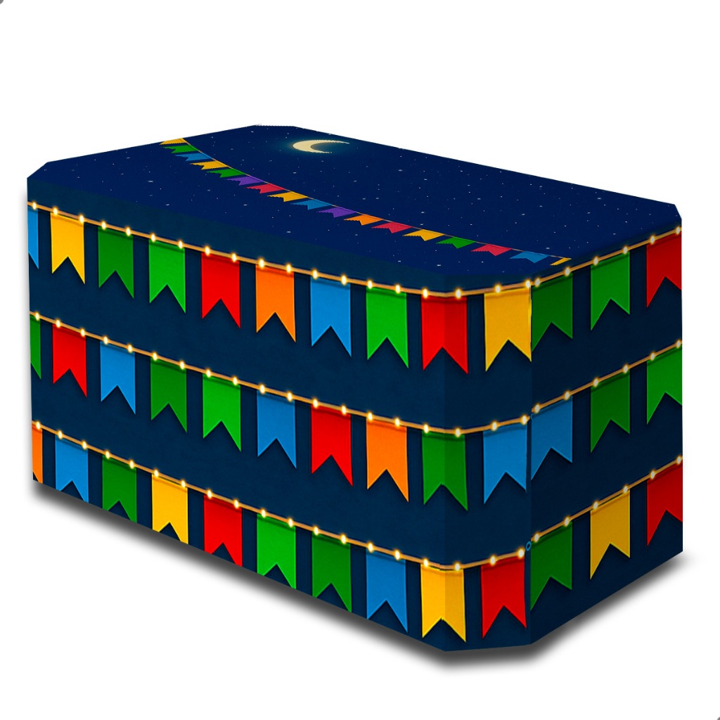 Capa de Mesa Festa Junina Azul com Bandeirinhas Coloridas Tecido Helanca Sublimado Estampado São João Decorativa Não Ama