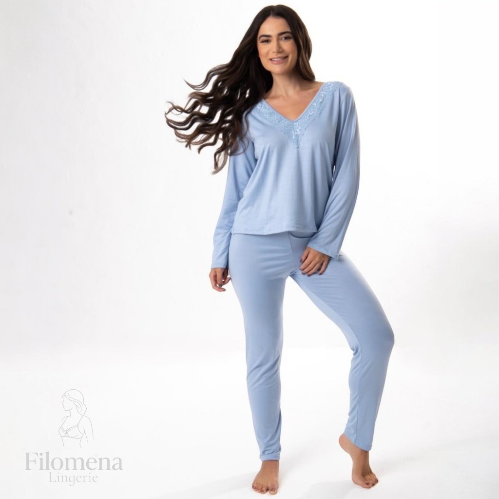 Pijama Feminino Inverno Manga Longa Liso Suede Gola V Renda